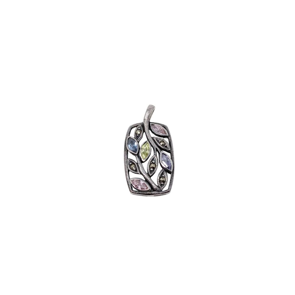 Sterling Silver Marcasite Pendant Colorful Leaf Pattern